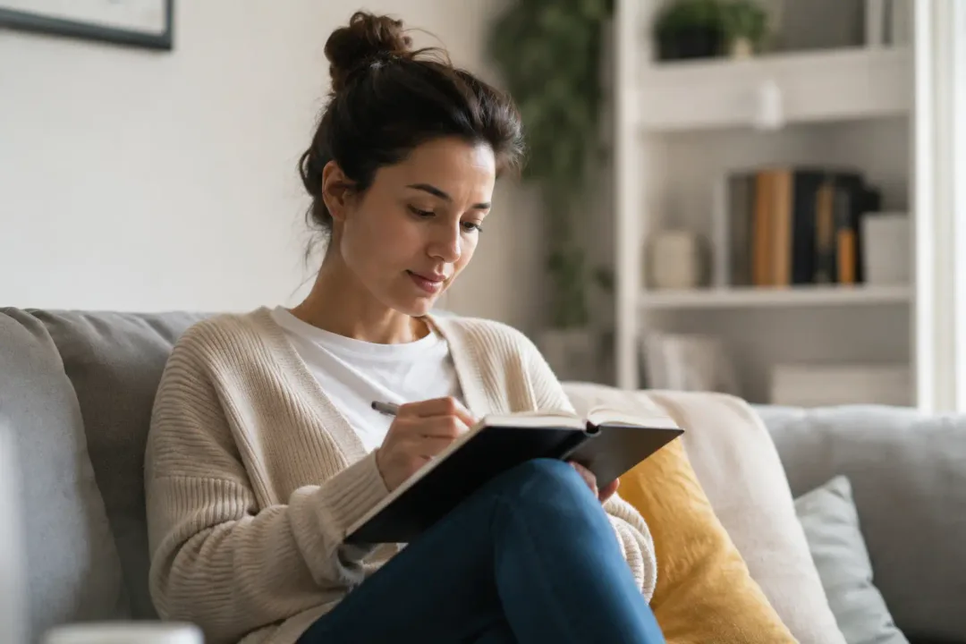 Adult reflecting on health goals at home
