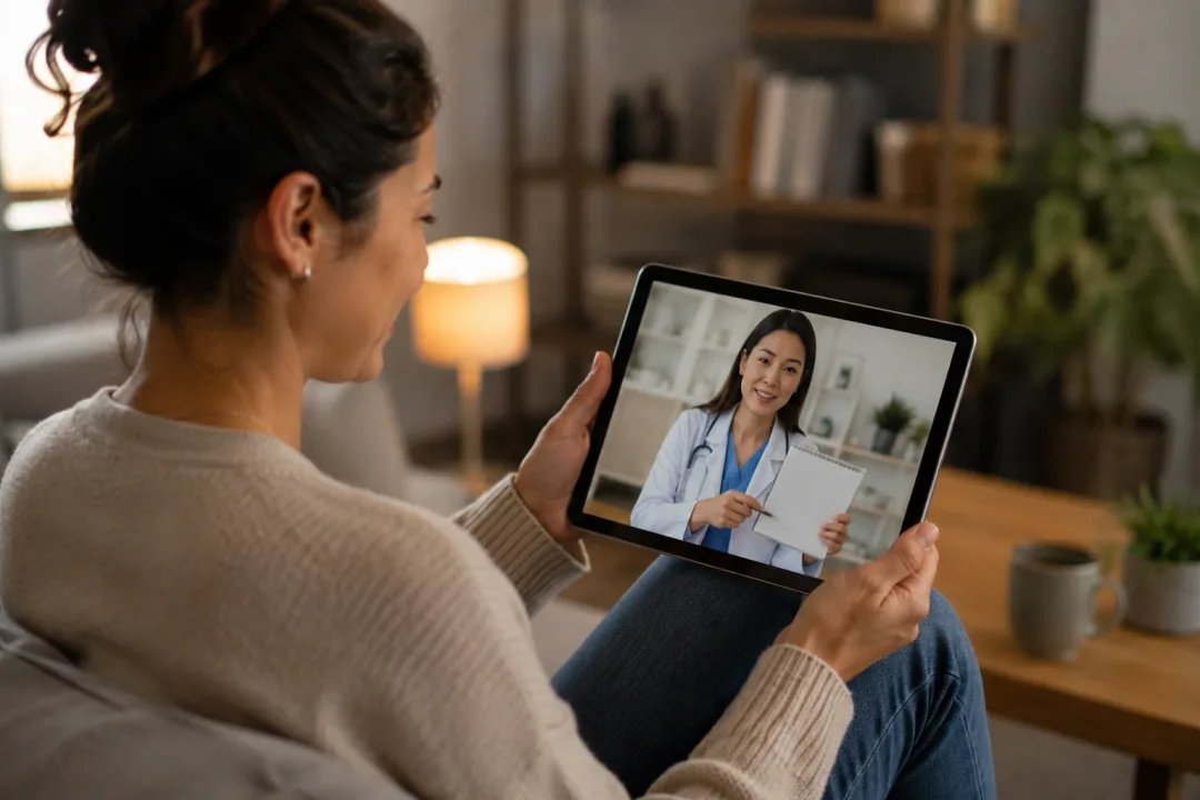 Adult on a telehealth video call with a doctor
