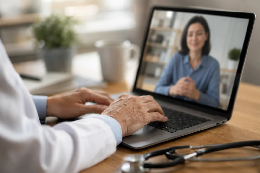 Doctor taking notes during a telehealth visit