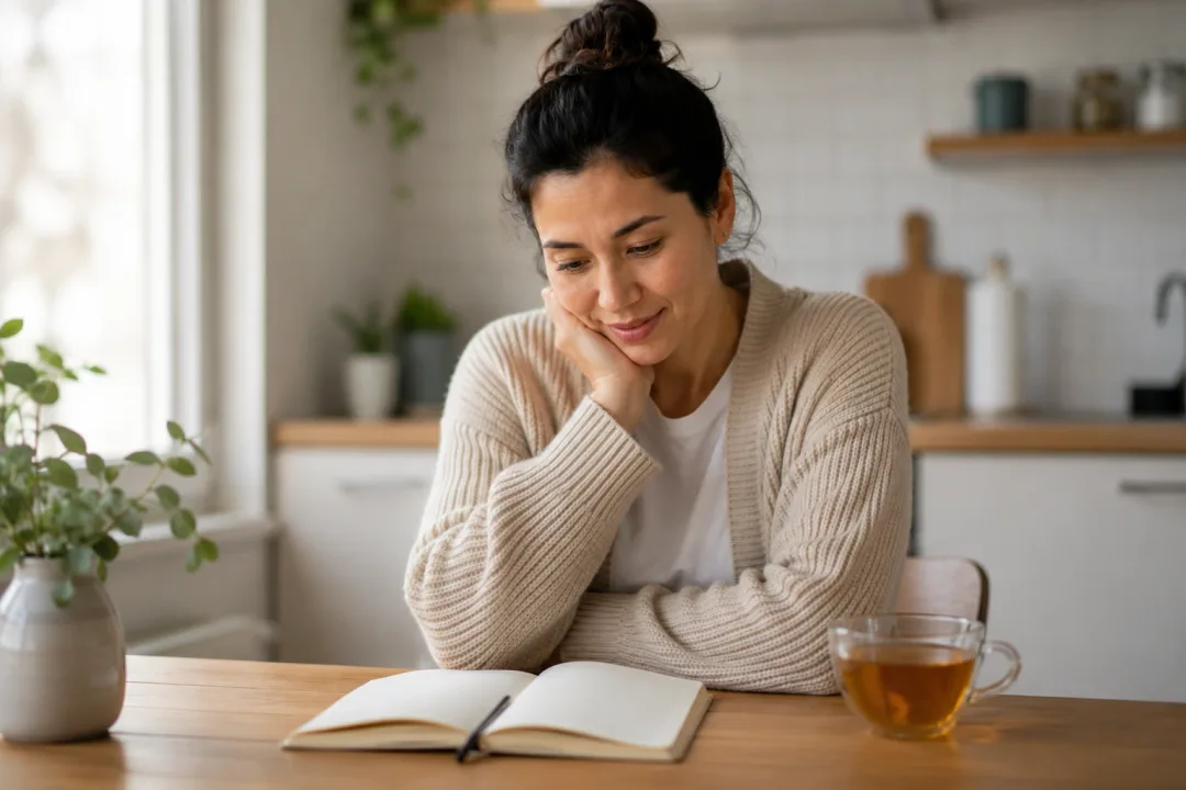 Adult reflecting on wellness goals at home