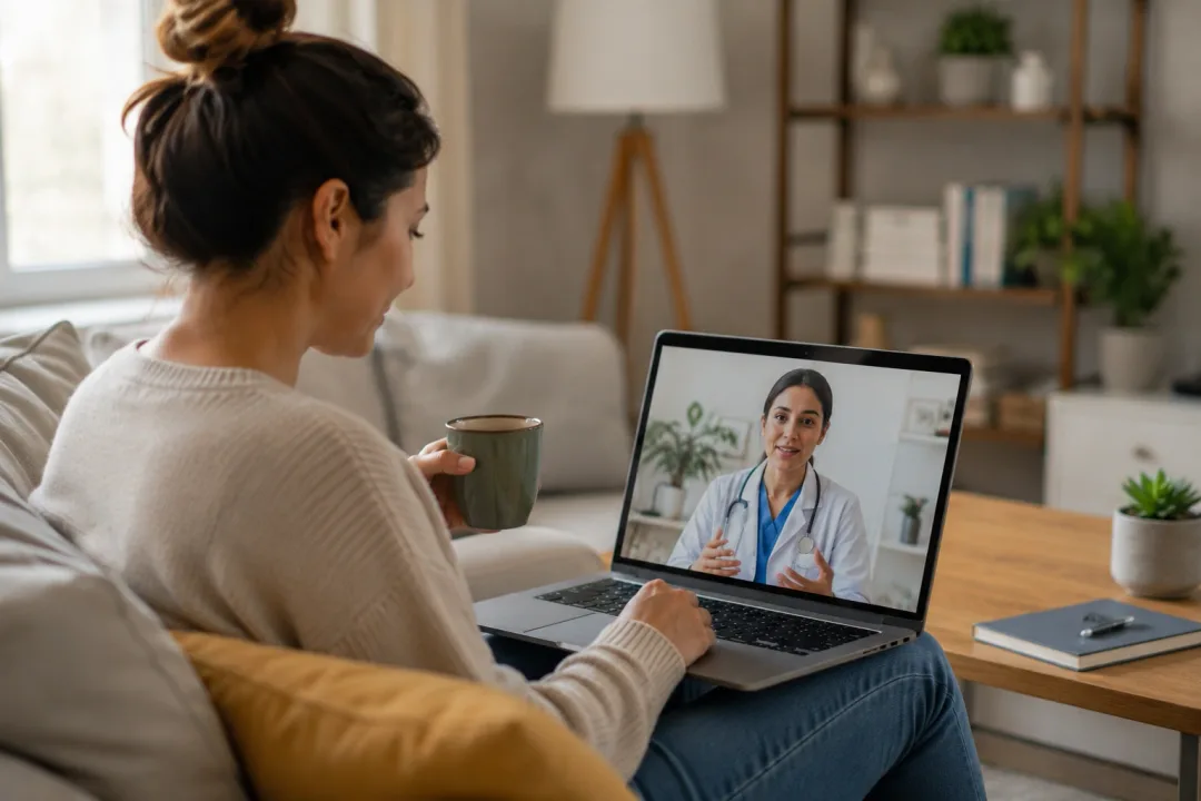Adult on a telehealth video call discussing wellness goals